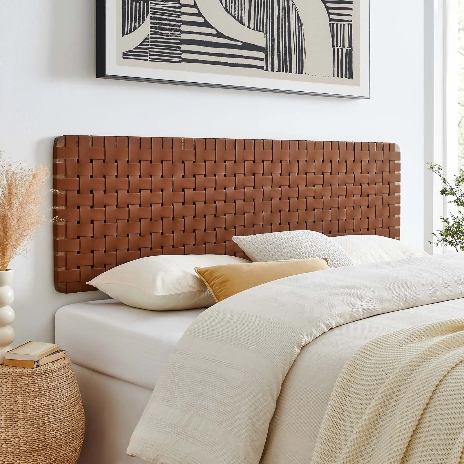 Modway Sparta Weave Wall-Mount King Vegan Leather Headboard in Walnut Brown