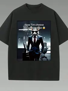 Tim Cheese Mouse Print T-Shirt, Dark Humorous Style, Loose Fit Unisex Top, Casual Long Sleeve, H-Type Silhouette, No Collar
