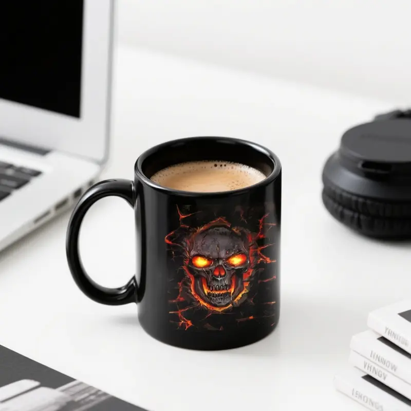Gothic Skull Ceramic Coffee Mug with Glowing Eyes, Halloween & Day of the Dead Design, Insulated Reusable Cup, Round Shape, Ceramic Mugs