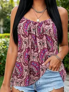Women's Ruched Halter Top Loose Paisley T-Shirt, New Summer Boho Fashion, Trendy European and American Style, Perfect for Casual Wear
