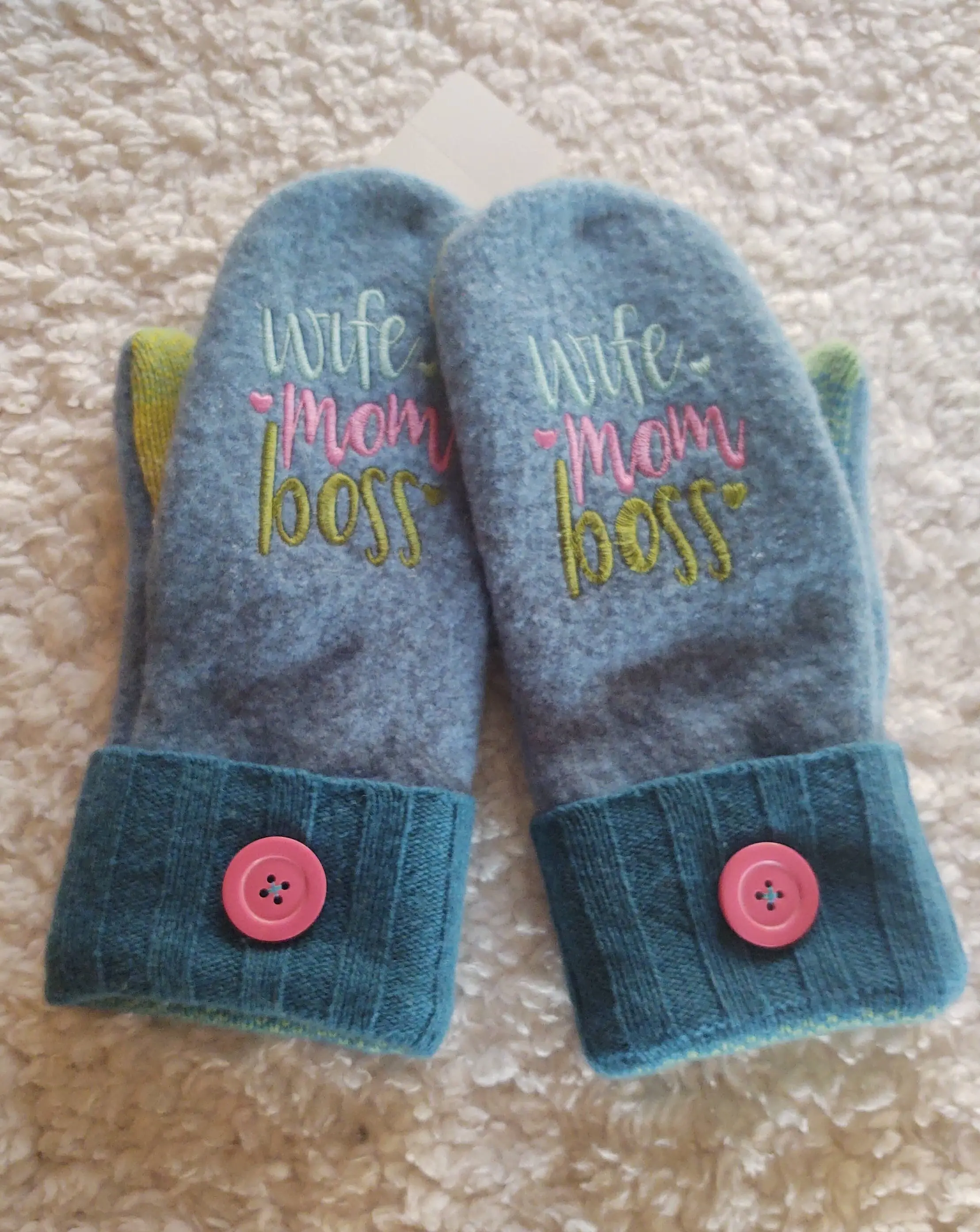 Felted boiled wool sweater mittens Emroidered "Wife, Mom, Boss"