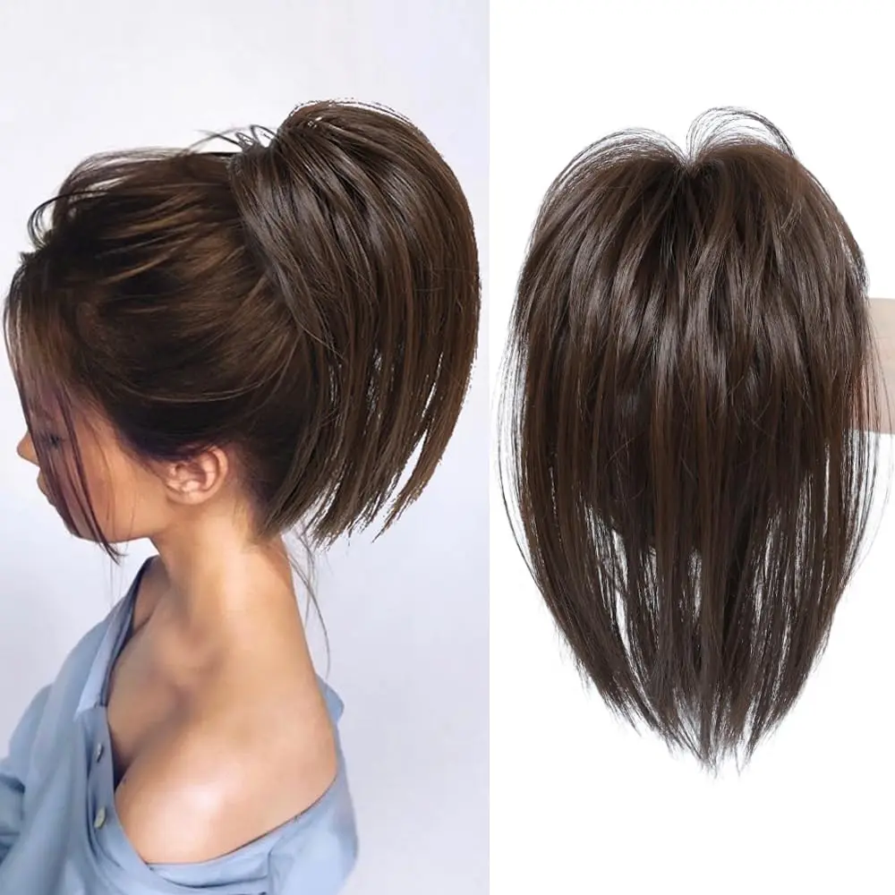 Women's Dark Brown Synthetic Hair Extensions - Straight Short Wavy Clip-On High Ponytail, Fluffy Bun Wig Updo Accessory, Synthetic Hair Topper, Gym, Ponytail Hairstyles, Casual, Synthetic Wigs
