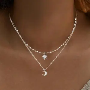 Boho Layered Crystal Star Moon Choker Necklace Silver Cz Crescent Moon Pendant Necklaces Rhinestone Northstar Necklaces Rhinestone Star Necklace Chain  for Women
