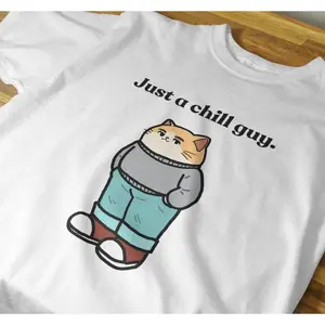 Chill Guy Cat Graphic T-Shirt - Fitted Short Sleeve Crew Neck in Vintage Style, Perfect for Meme Lovers