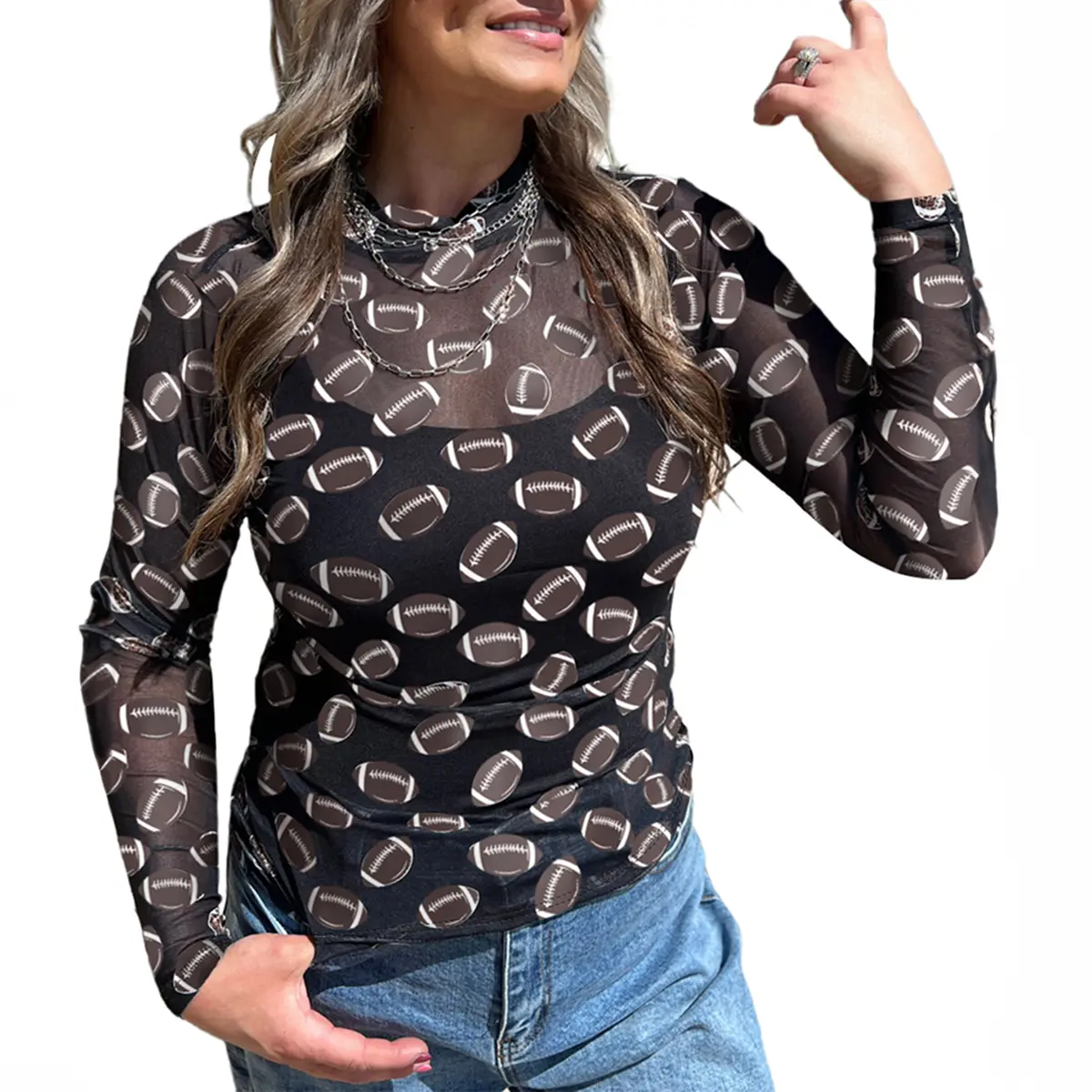 MULLVEIG Women's Game Day Mesh Sheer Crew Neck Long Sleeve Top See Through Athletic Shirt for Baseball Football Softball Game Day Outfit