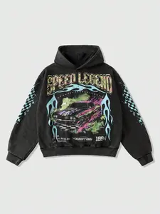 Men's Vintage Speed Legend Racing Print Hoodie, Distressed Wash Design, Flame Car Pattern, Plaid Sleeve Details, Soft Fleece Fabric