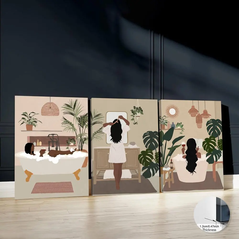 Bathroom Pattern Canvas Painting with Frame, 3 Counts/set Modern Simple Bathroom Themed Wall Art, Wall Decor for Home Living Room Bedroom, Ornaments, Modern Home Decoration, Modern Minimalist Design
