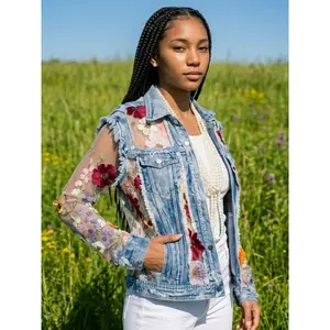Floral Embroidered Sheer Sleeve Denim & Black Statement Jacket