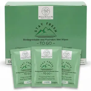 (60 Flushable Wipes to-Go) - PH Balanced, Travel sized, Unscented with Aloe, Chamomile and Rose extract.