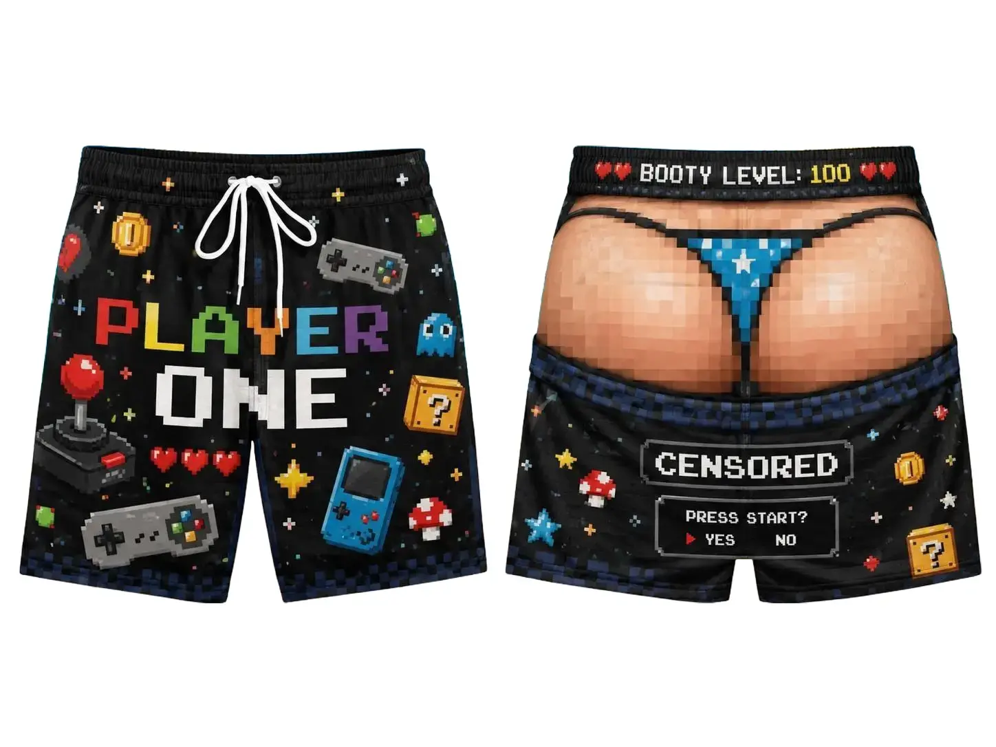 Beach Shorts Pixel Video Game, Player One Censored Cheeky Graphic, Gag Swim Trunks, Funny Novelty Summer Birthday Gift Men Vacation Pool Party