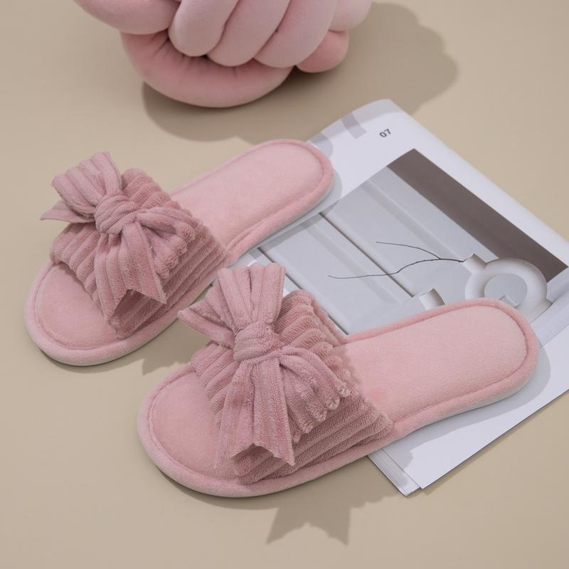 Women's Plush Bow Knot Home Slippers - Open Toe Soft Indoor House Shoes for Spring & Autumn in Pink Black & White Colors