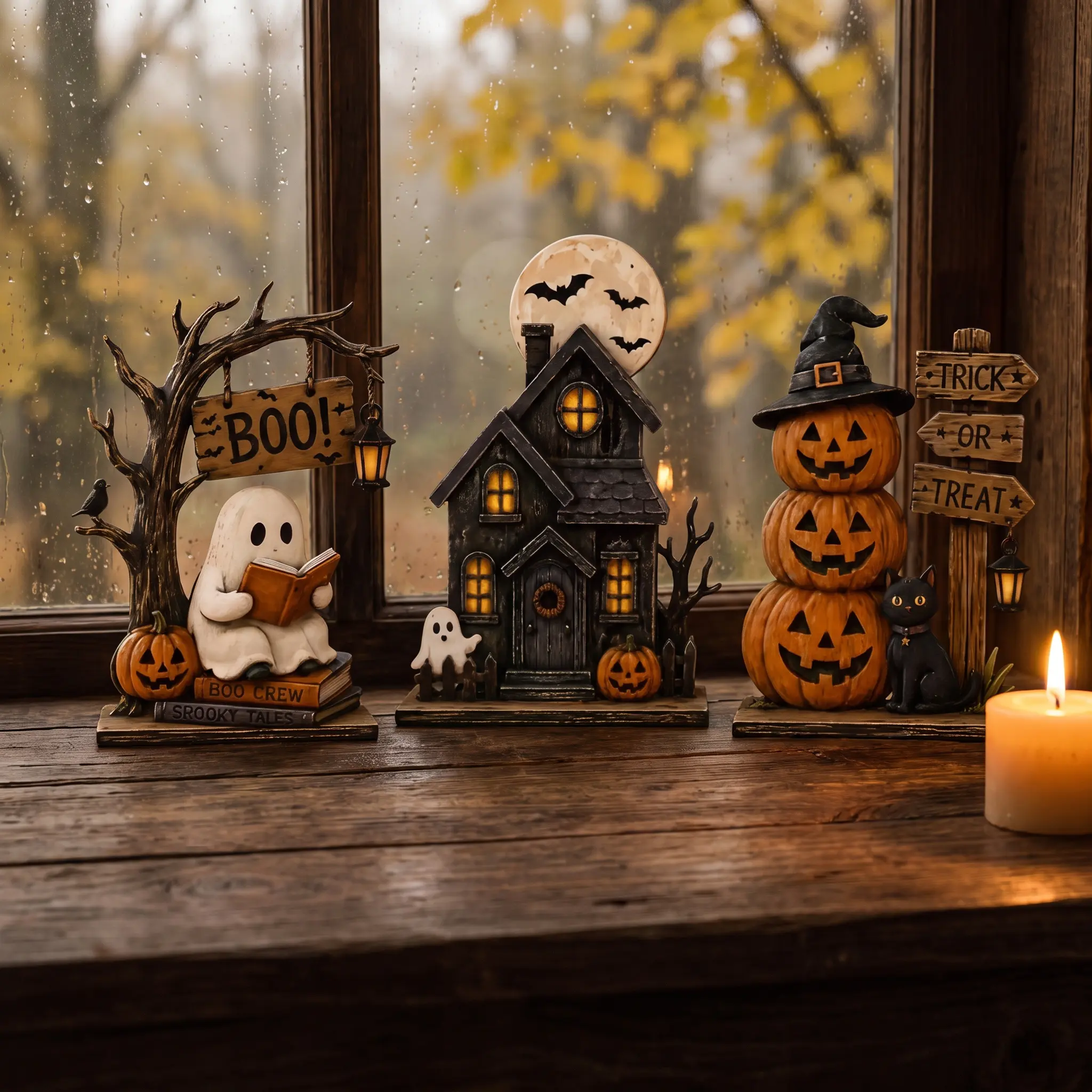 [Back to School]Halloween Layered Tray Decor Set, Ghost and Pumpkin Wooden Shelf Decor, Horror House Desk Decor, Rustic Fall Home Decor, Halloween Centerpiece, Cute Ghost Gift, Festive Decoration-MM1