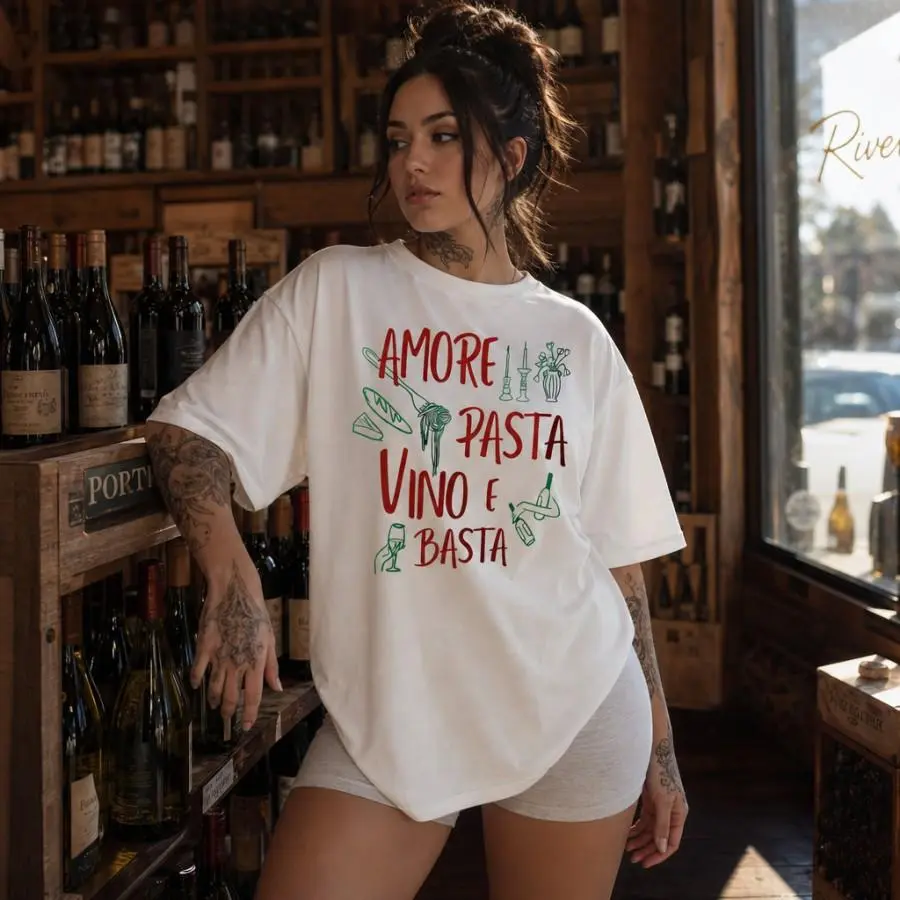 Amore Pasta Vino Funny Graphic Tee Women Oversized Short Sleeve T Shirt Casual Summer Streetwear Top Wine Pasta Lover Outfit Soft Comfortable For Daily Wear Bar Hangout Vacation