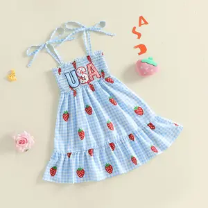 Toddler Girl 4th of July Gingham USA Dress Tie-Shoulder Blue Plaid Strawberry Print Sundress Girls 4th of July Clothes