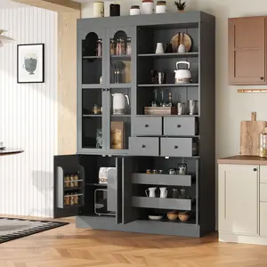 TOPMAx 47.2x15.7x75inch Freestanding Buffet With Hutch  Tall Kitchen Pantry Cabinet With 4 Drawers  Door Shelves And Pull- Out Trays For Dining Room  Living Room  Gray