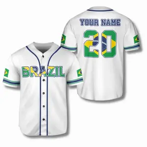 Custom Brazil Flag Baseball Jersey Button Up - Name & Number Soccer Fan Shirt FQ