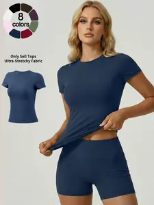 Women's Solid Color Crew Neck Short Sleeve Top Soft Breathable Loungewear Sports T-shirt Casual Workout Tops High Stretch Slim Fit Waist Shaping Top Versatile For All Seasons Outdoor Running Casual Daily And Home Wear