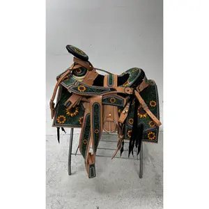 Charro Saddle – Tan & Green Bordada “Girasoles del Campo” (15.5”)