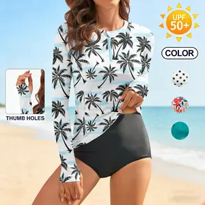 SONEVEN Coconut Tree Rash Guard | Women's Long Sleeve Quarter-Zip Surf Top with UV Protection, Perfect for Surfing, Swimming & Beach Activities