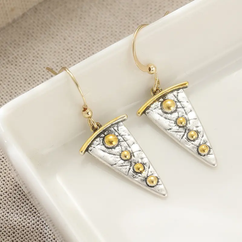 Retro Vintage Triangle Earrings with Gold Silver Gray Cracked Texture Gold Beads Niche Design Personalized for Women