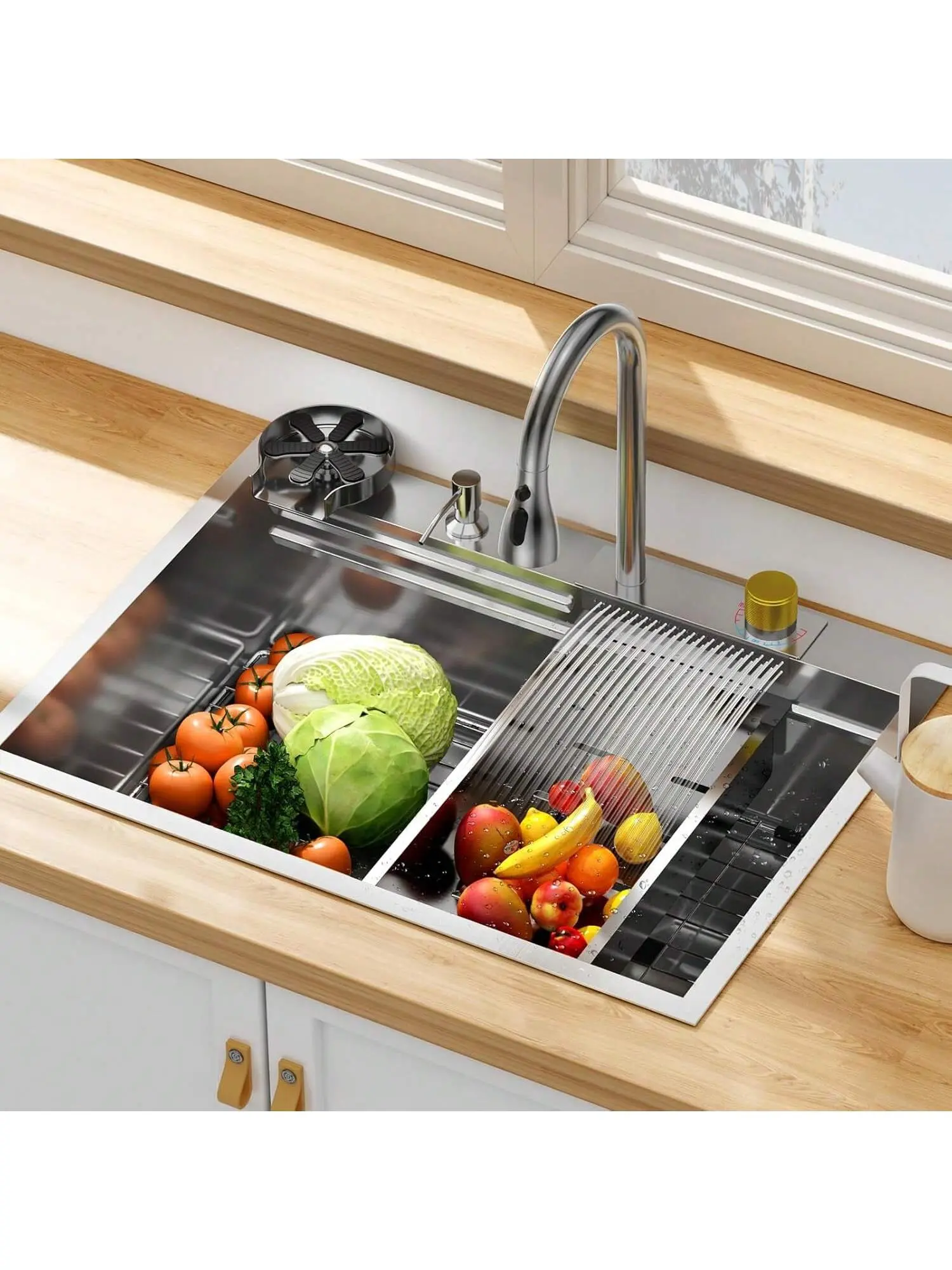 30-Inch Modern 304 Stainless Steel Brushed Nickel Waterfall Single Bowl Kitchen Sink - 30" L x 22" W x 9" D Rust-Resistant Silver Set with 4 Water Outlet Modes, Cup Washer, Full Installation Accessories for Kitchen Counter, Bar Dish Washing