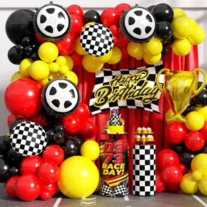 154-Piece Race Car Balloon Arch Kit with Tire Flags, Checkered, Red, Black & Yellow for Parties