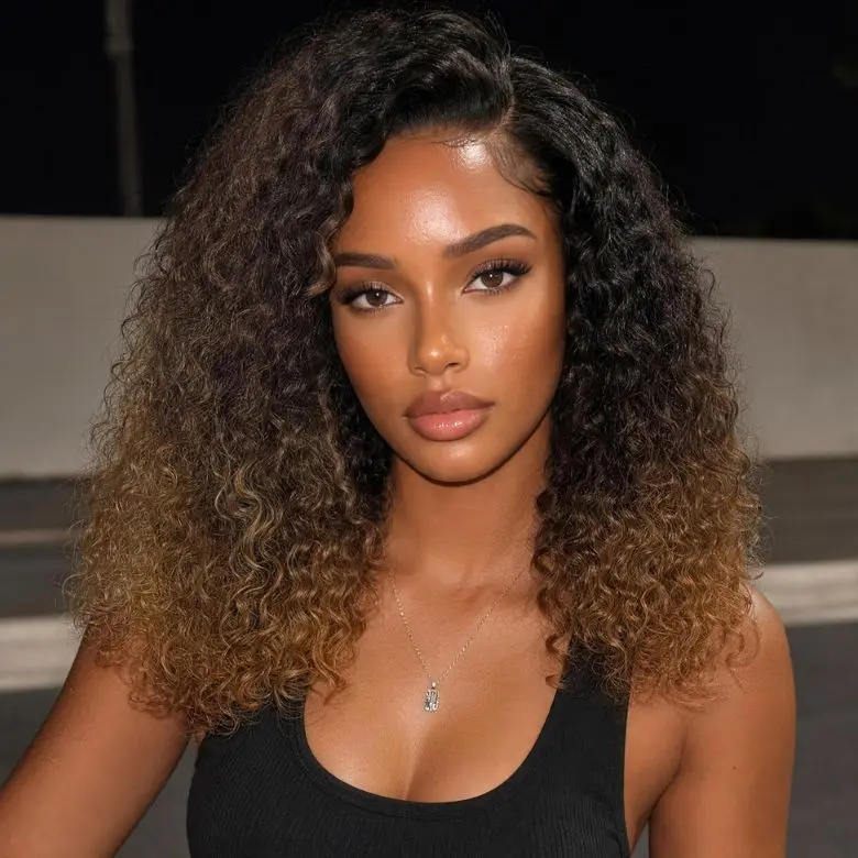 UNice 7x5 Bye Bye Slip Wig Dark Brown to Golden Caramel Ombre Curly Glueless Human Hair Wig with Invisi Drawstring
