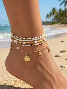 5 Pcs Bohemian Shell Pendant Anklet Set, Beaded Multi-Layer Beach Style Foot Jewelry, Women's Gift Versatile Foot Decorations, Layered Anklet
