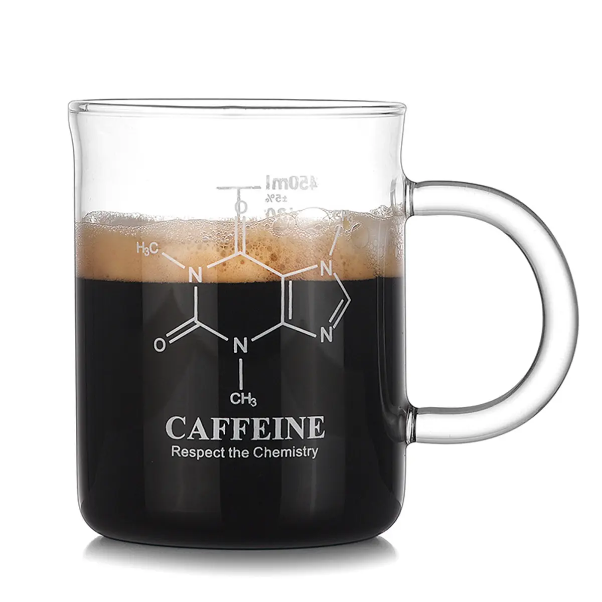Caffeine Formula Glass Coffee Mug, 15 oz Clear Espresso Cappuccino Cup with Handle