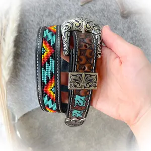 Moon Light Western Tooled Leather & Beaded Belt*