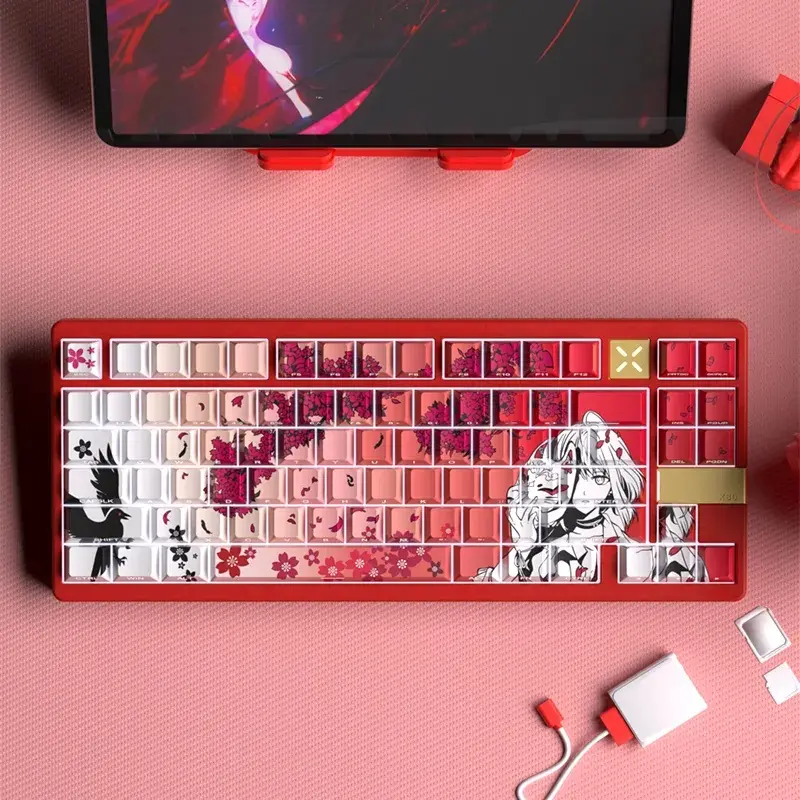 Fox Mask Girl Side-Printed Shine-Through PBT Keycaps, 5-Sided Dye-Sublimation Sakura Theme, Ergonomic OEM Profile, Compatible with Most Keyboards, for Esports Gaming, Keyboard Decoration gaming keyboard