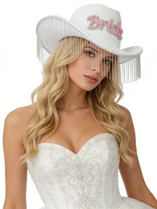 Bride Party Hat with Rhinestones and Fringe, Large Brim Western Cowboy Hat, Fitted Wedding Single Party Photo Prop