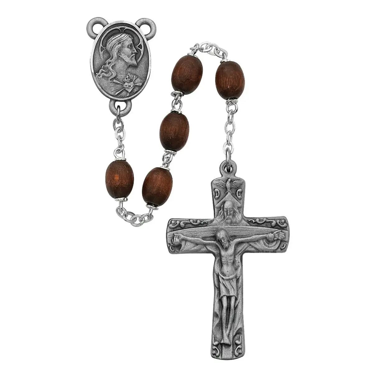 McVan R392DF Unisex Wood Traditional Trinity Cross Rosary Set - 25 in., 6x8mm Beads, Decorative Design, Deluxe Gift Boxed, Indoor Brown Home Cross Bead Religious Decor for Gifting, Indoors