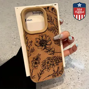 For iPhone 17/16/15 Pro Max 14 Plus/13/12/11 Pro/Air Case - Faux Suede + TPU Hand-Drawn Floral Shockproof Soft Cover |   Vintage Natural Texture Phone Shell