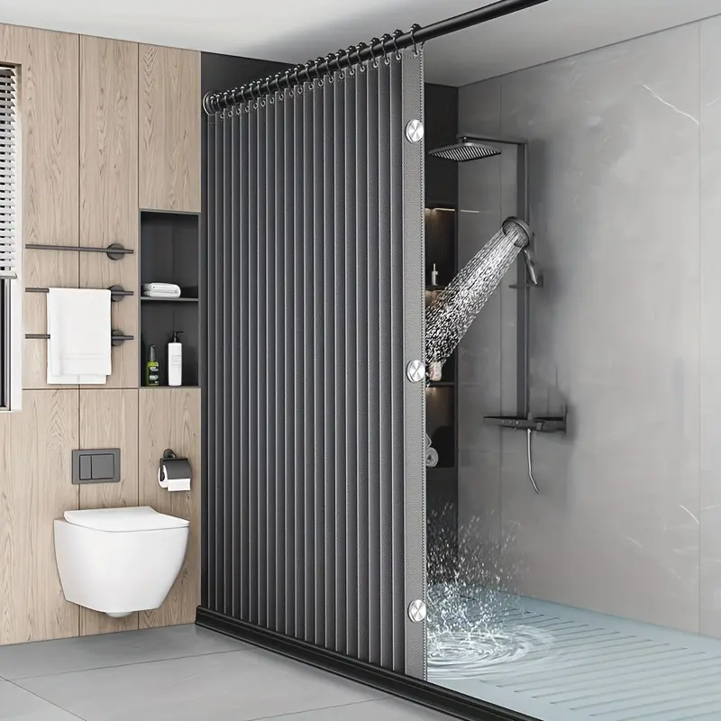 Foldable Gray Privacy Shower Curtain with Black Hooks and Metal Eyelets, Wave Design Polyester Screen, Machine Washable, All-Season Use, Plain Weave, Ripple Fold Top, Fashionable Bathroom Accessory | Modern Bathroom Decor | Durable Bathroom