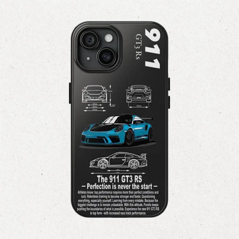 Porsche 911 GT3 RS Phone Case, McQueen 95 Black Tough Cover, iPhone 16 15 14 13 12 11 Pro Max Plus Mini, Sport Car Design, Durable Gift for Car Lover