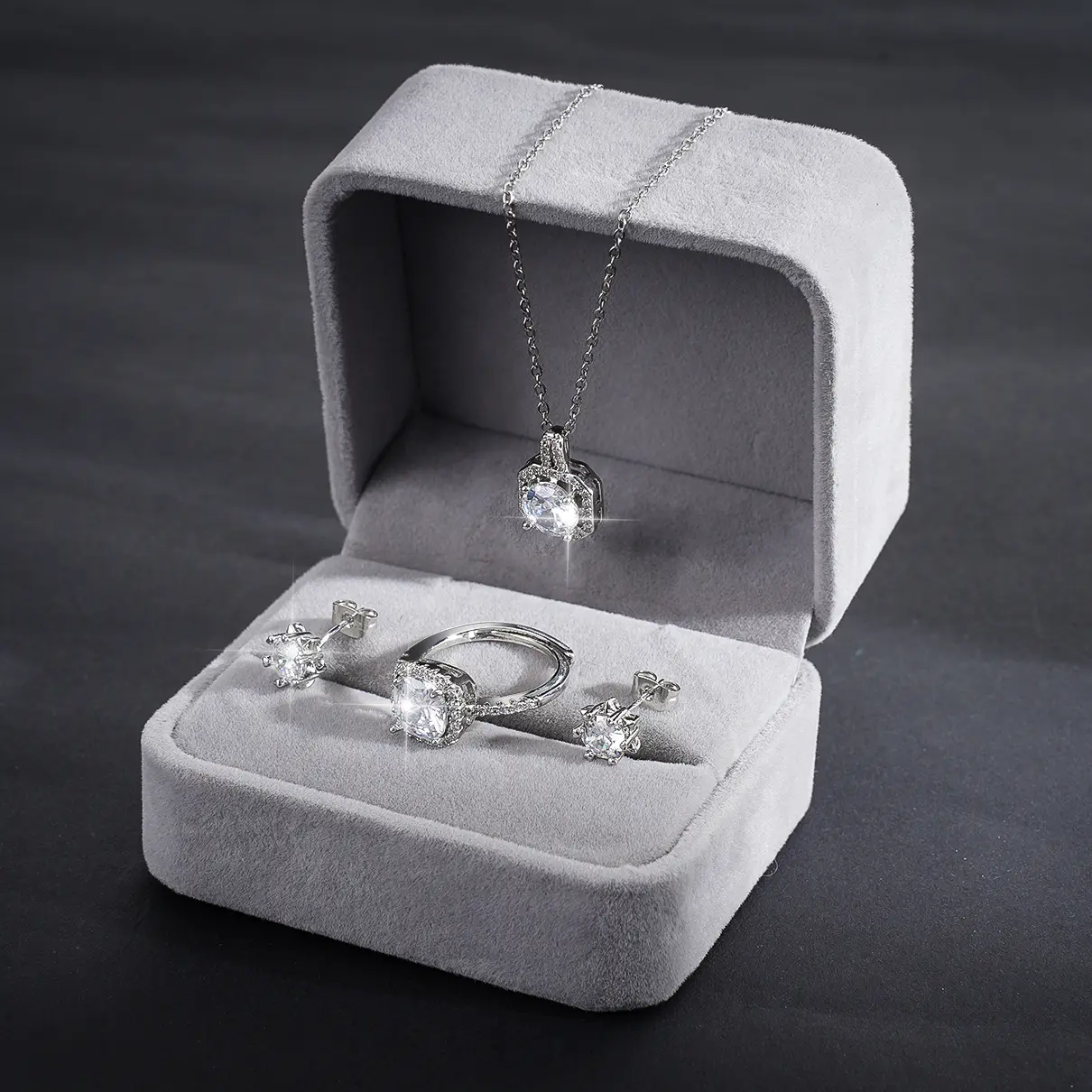 MEIITRUE Square Zircon Ring Earrings and Necklace Set for Women, 18K White Gold Plated Zircon Jewelry Set for Bridal Wedding Birthday Anniversary Party