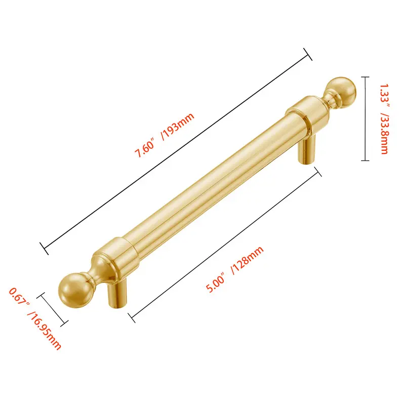 212 MAIN Vaduz Die-Cast Zinc Pull Handle 5-Pack, Vintage Hand-Finished Polished Gold Metal Decorative Cabinet Drop Pulls, 5.0" Center-to-Center Doorhandles for Cabinets, Drawers