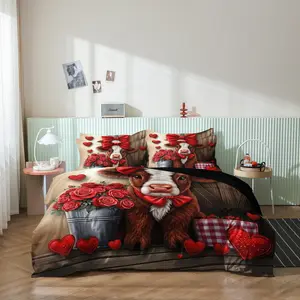 3pcs Valentine's Day Rose Bow Heart,Cattle Animal Printing Bedding Duvet Cover Set  Guest Room 2D Cartoon Flat Printing Festival Gif Decorative Duvet Cover (Includes 1 Duvet Cover + 2 Pillowcases，No Core）