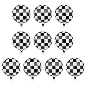 10Pcs Racing Car Balloon Checkerboard Mylar Balloon Foil Balloons With Ribbon And Straw Black White Checkered Helium Balloon For Boy Adult 18Inch