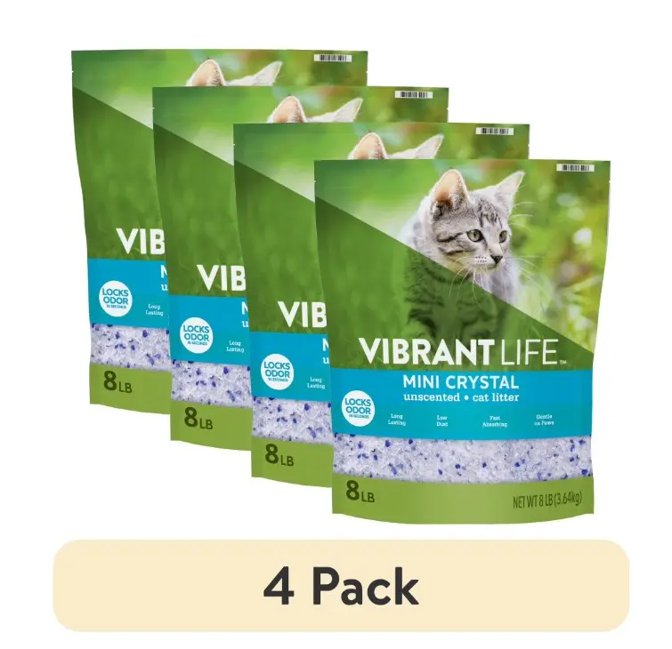 (4 pack) Vibrant Life Mini Crystal Cat Litter, Unscented, 8 lb Bag