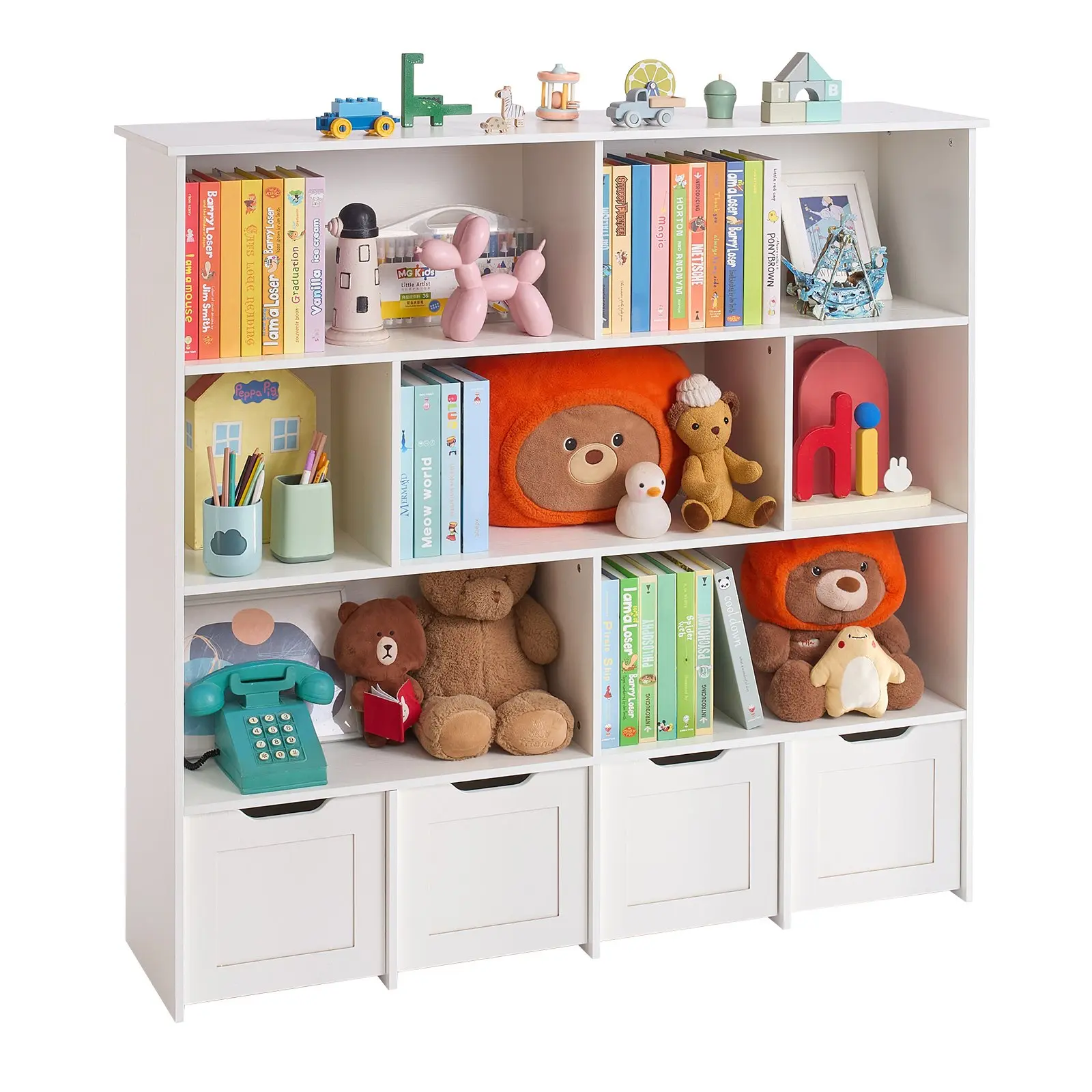 【DealsForYouDays】VEVOR Toy Storage Organizer, Wooden Kids Bookshelf with Storage, Toy Storage Cabinet with 4 Mobile Drawers, Kids Storage Organizer for Bedroom, Nursery, Living Room, Entryway, Preschool, White