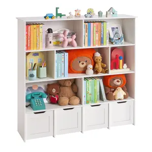 VEVOR Wooden Kids Storage Organizer - 49x13x46", 4 Mobile Drawers Bookshelf, Toy Storage Cabinet for Bedroom, Nursery, White