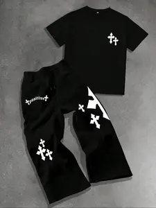 Men's Letter Graphic Knit Tee & Sweatpants Set, Cross Print Streetwear, Casual Fitted Top & Pants for Fall Winter Season