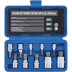 Triple Square Spline Bit Socket Set XZN,Tamper Proof,1/2" 3/8" 1/4" Drive,M4 - M18,S2 Steel,10 Pieces