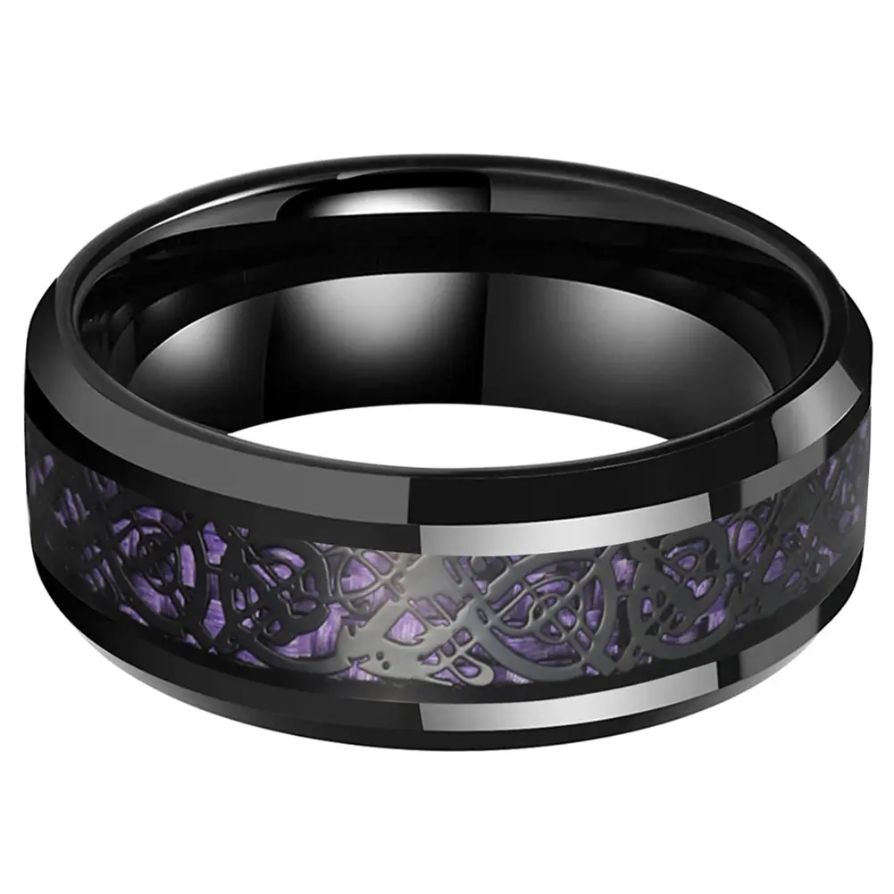 Men's 8mm Black Tungsten Wedding Band Purple Celtic Knot Inlay Comfort Fit Scratch Resistant - Yonifu Durable Infinity Promise Ring Gift for Him
