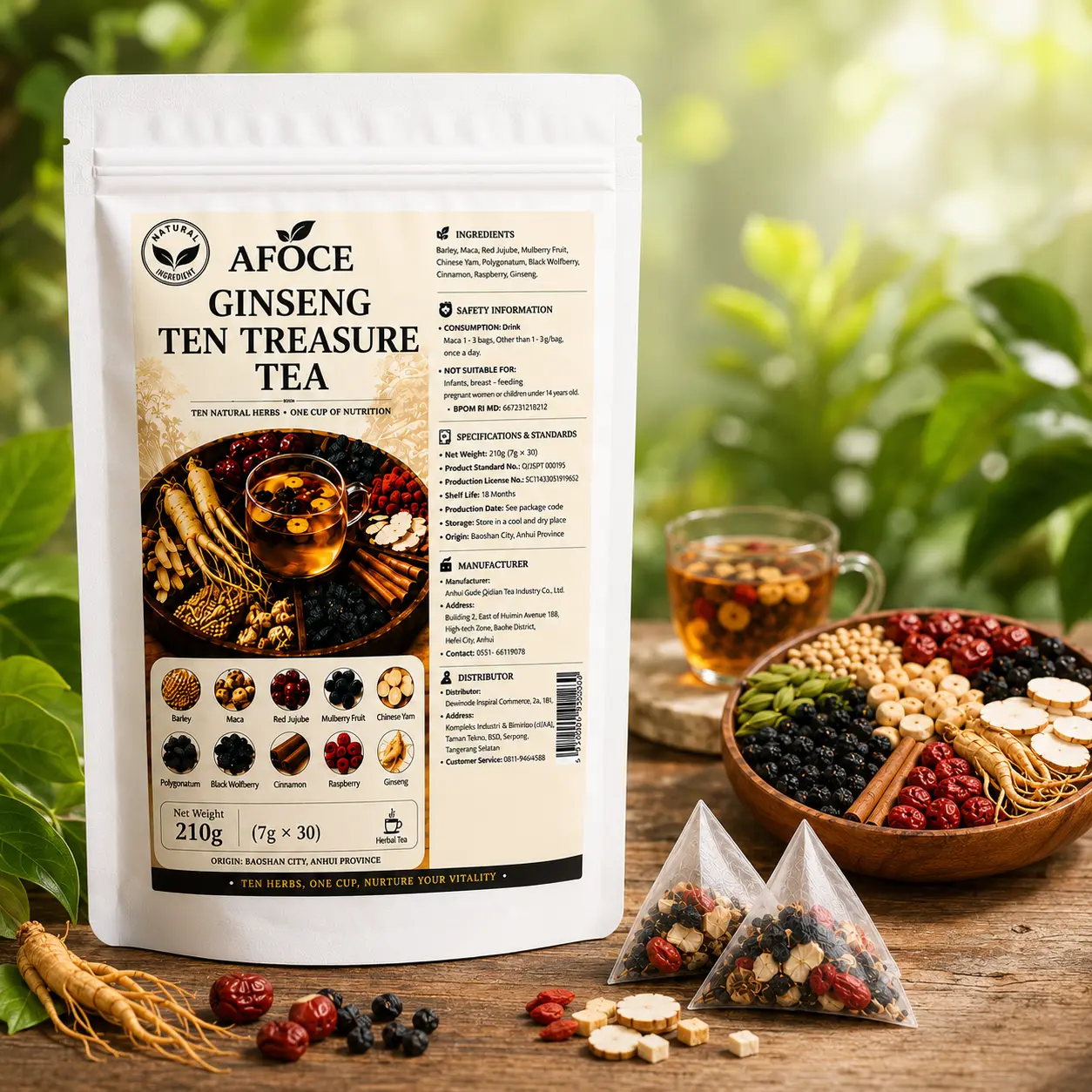 AFOCE Ginseng 10-Treasure Herbal Tea Bags, 10-Ingredient All-Natural Botanical Blend, 30-Count 210g Caffeine-Free Beverage for Adults, Ideal for Morning Pick-Me-Up & Evening Relaxation
