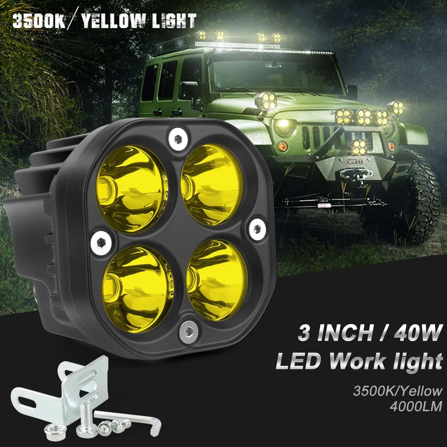 2Pcs 3Inch LED Work Light - 3500K Amber 4000LM, Offroad Driving Pod Lights for Jeep Truck ATV UTV, Waterproof Auxiliary Fog Lights