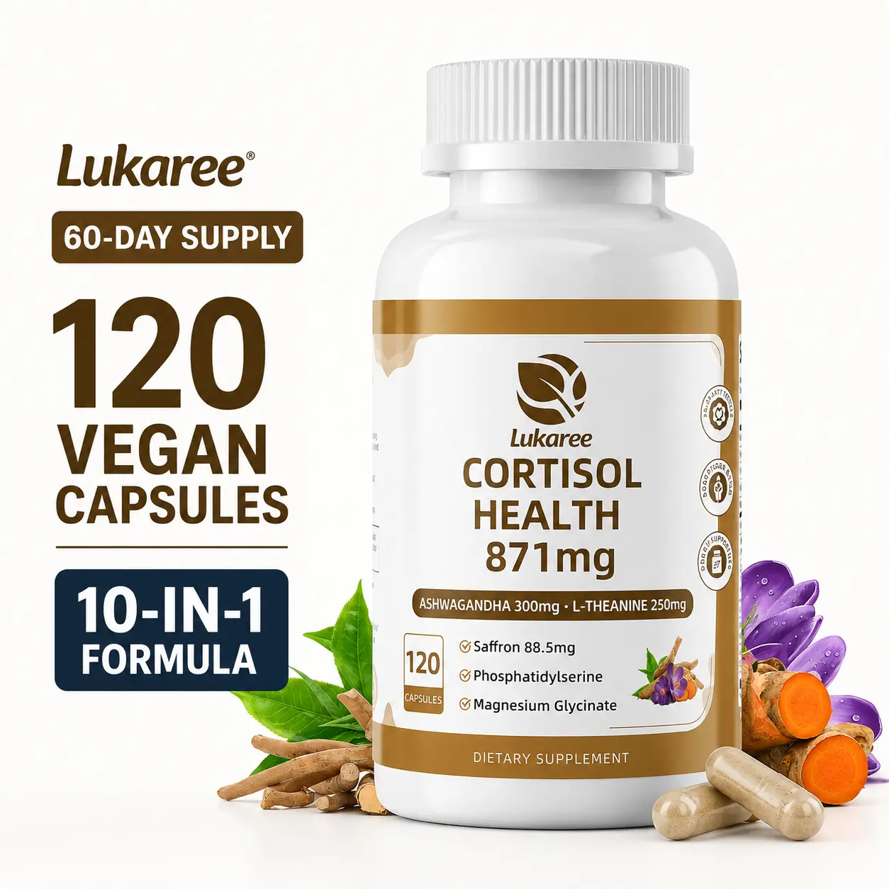 Lukaree 60‑Day Supply 10‑in‑1 Cortisol Supplement with Magnesium Glycinate, Ashwagandha, L‑Theanine, Phosphatidylserine & Rhodiola, Daily Stress Support,120 Vegan Capsules