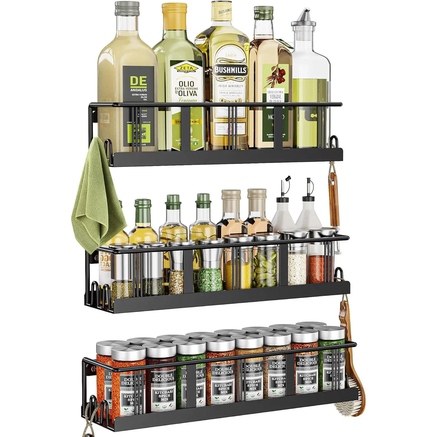 Spice Rack Wall Mounted 3 Pack, Space-Saving Spice Organizer for Spice Jars and Seasonings,Screw or Adhesive Hanging Spice Rack Organizer for Your Kitchen Cabinet,or Pantry Door